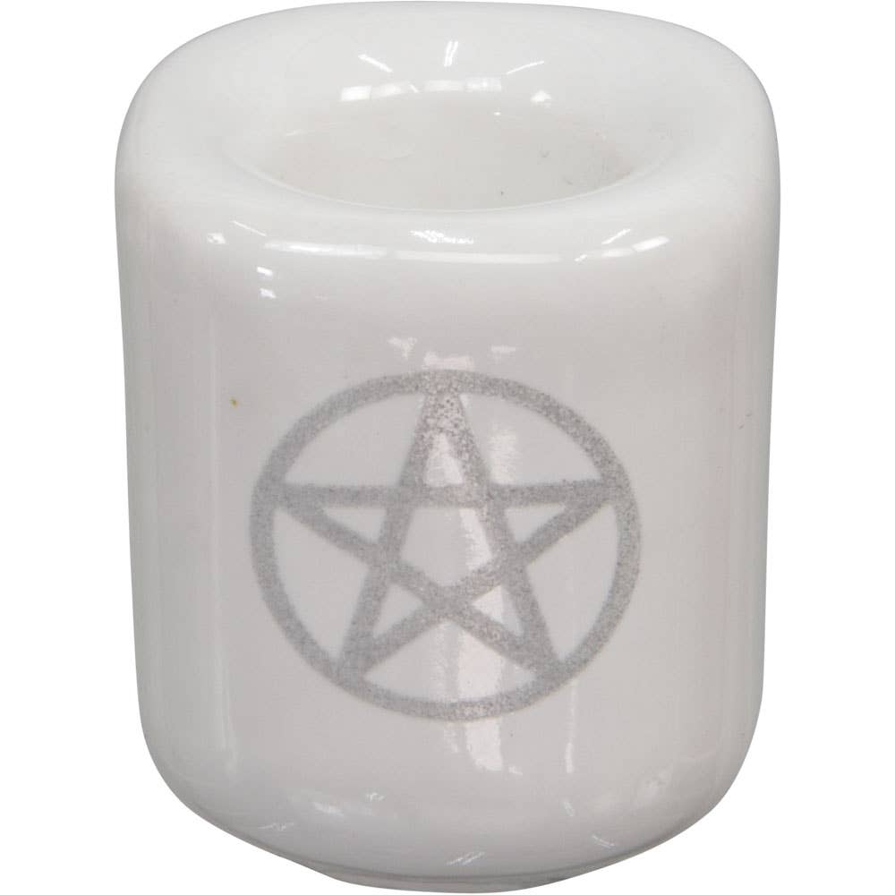 Ceramic Chime Candle Holder - White w/ Silver Pentacle