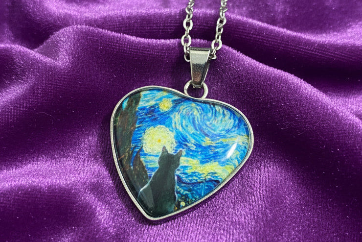 Starry Night Black Cat Resin necklace