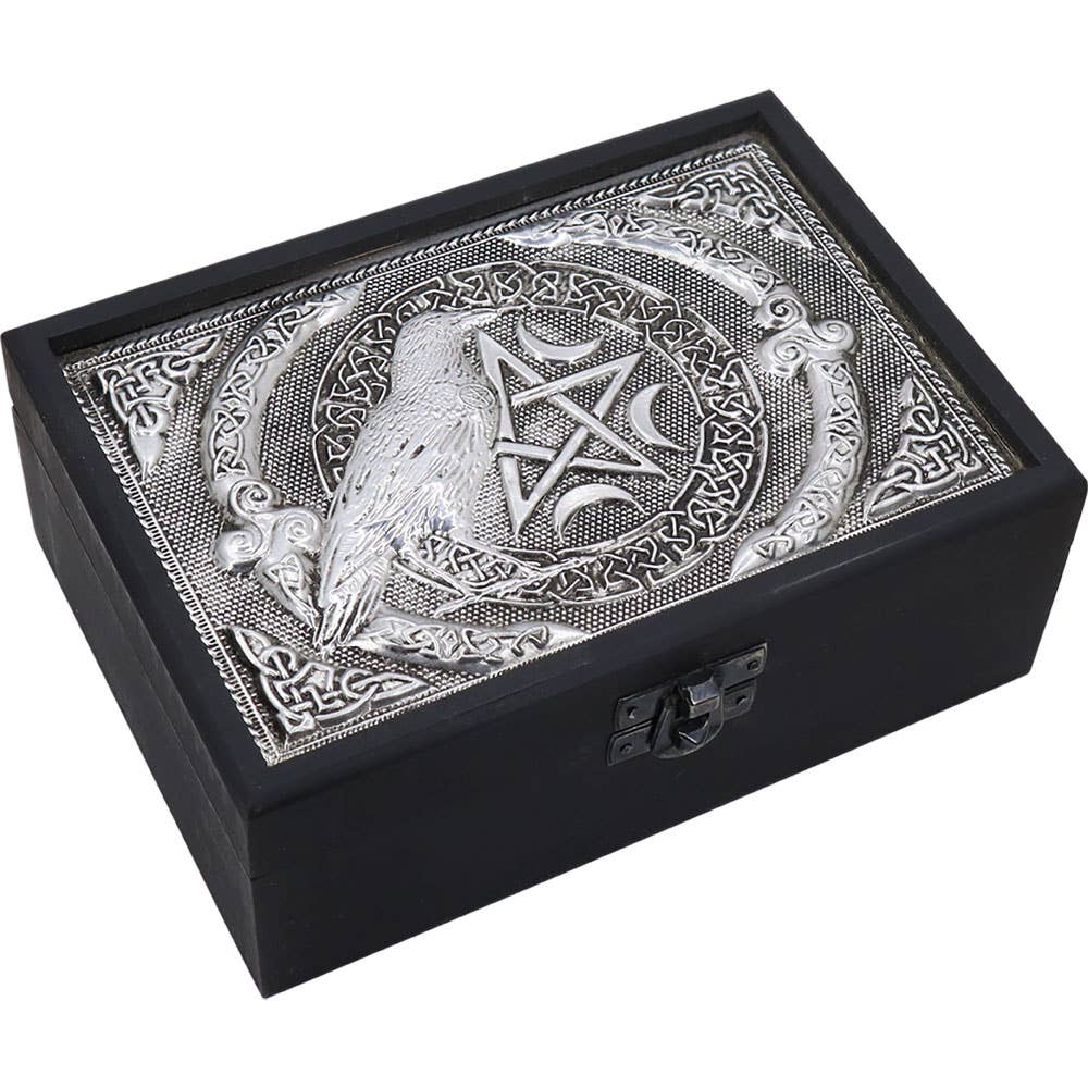Velvet Lined Metal Top Wooden Box Raven w/ Pentacle