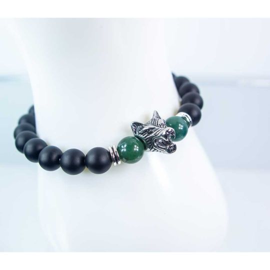 Elastic Bracelet 10mm Round Bead - Moss Agate & Matte Black Agate w/ Stainless Steel Wolf