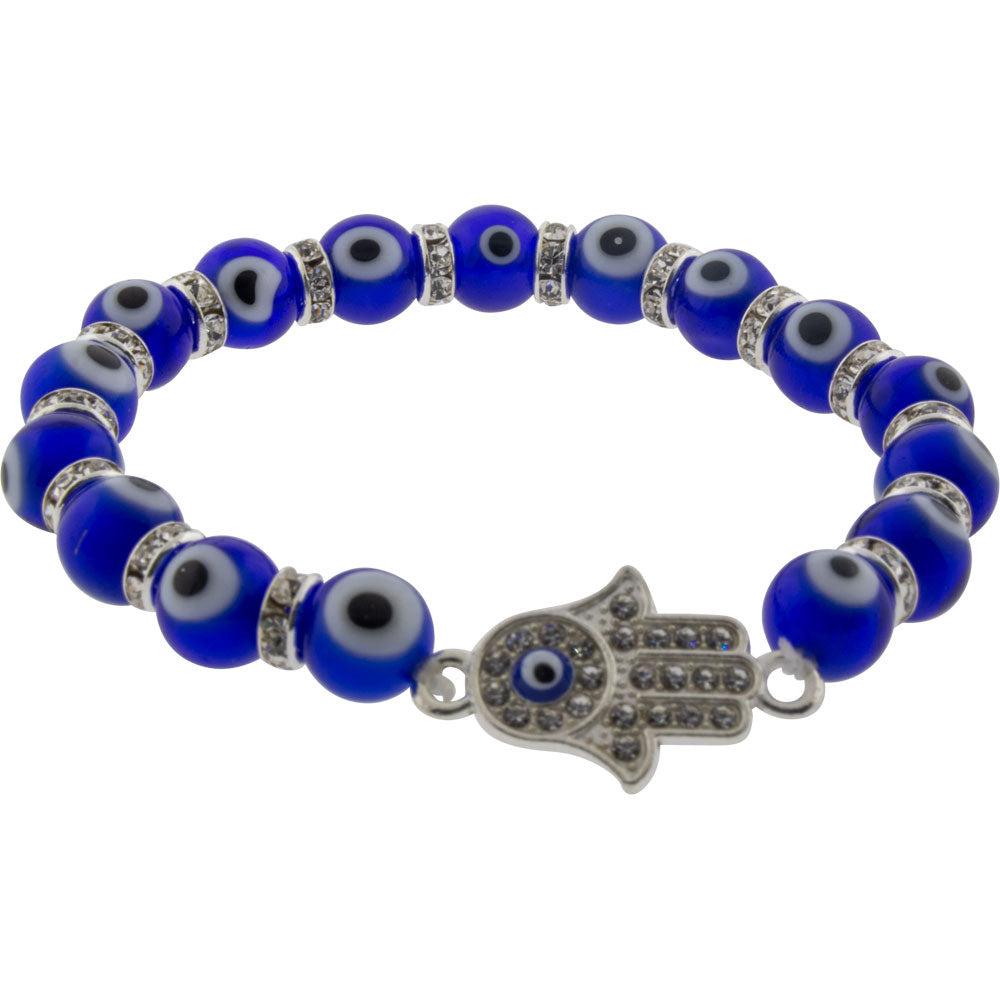 Glass Beads Elastic Bracelet Evil Eye Protection Cobalt Blue w/ Gem Fatima Hand