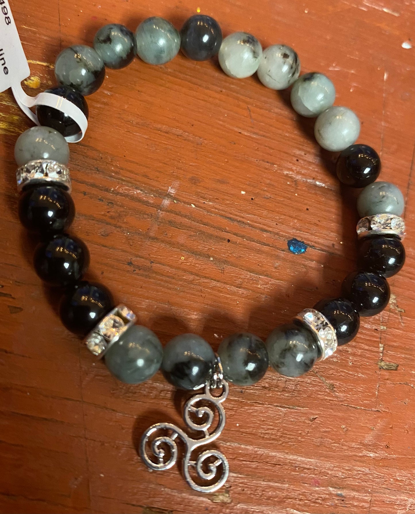 Emerald, Black Tourmaline, Triple Spiral bracelet 8mm