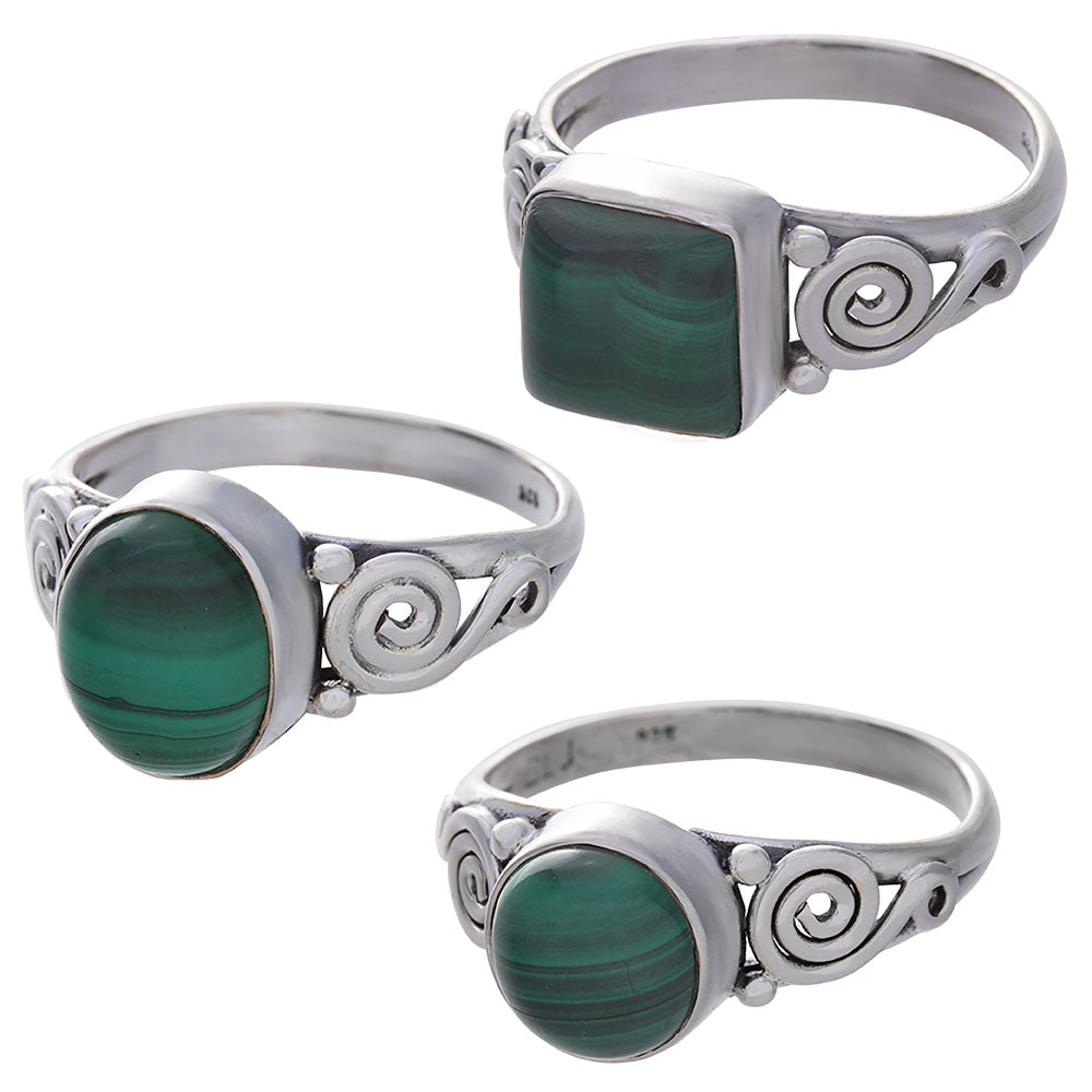 Malachite Cab Assorted Shapes Spiral Band Ring 9mm-11mm