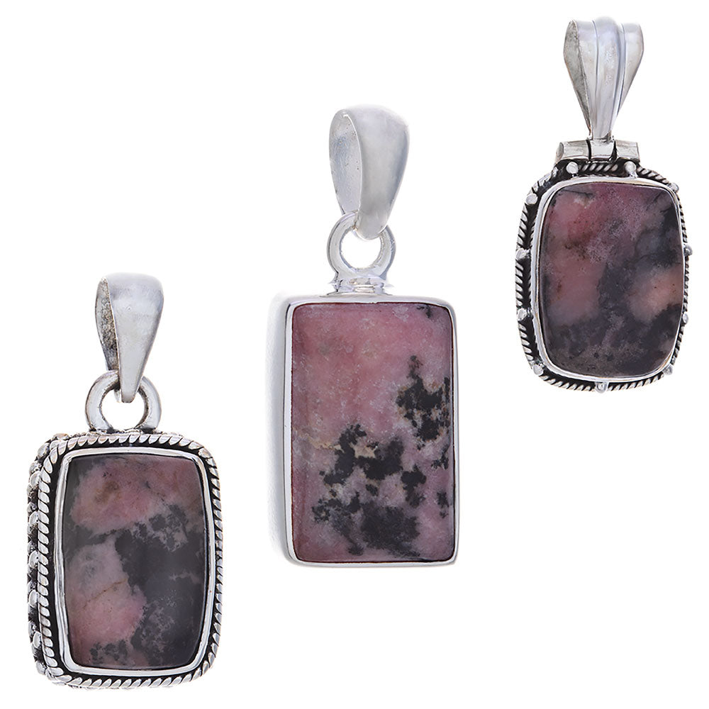 Rhodonite Rectangular Pendant 24-36mm Sterling Silver