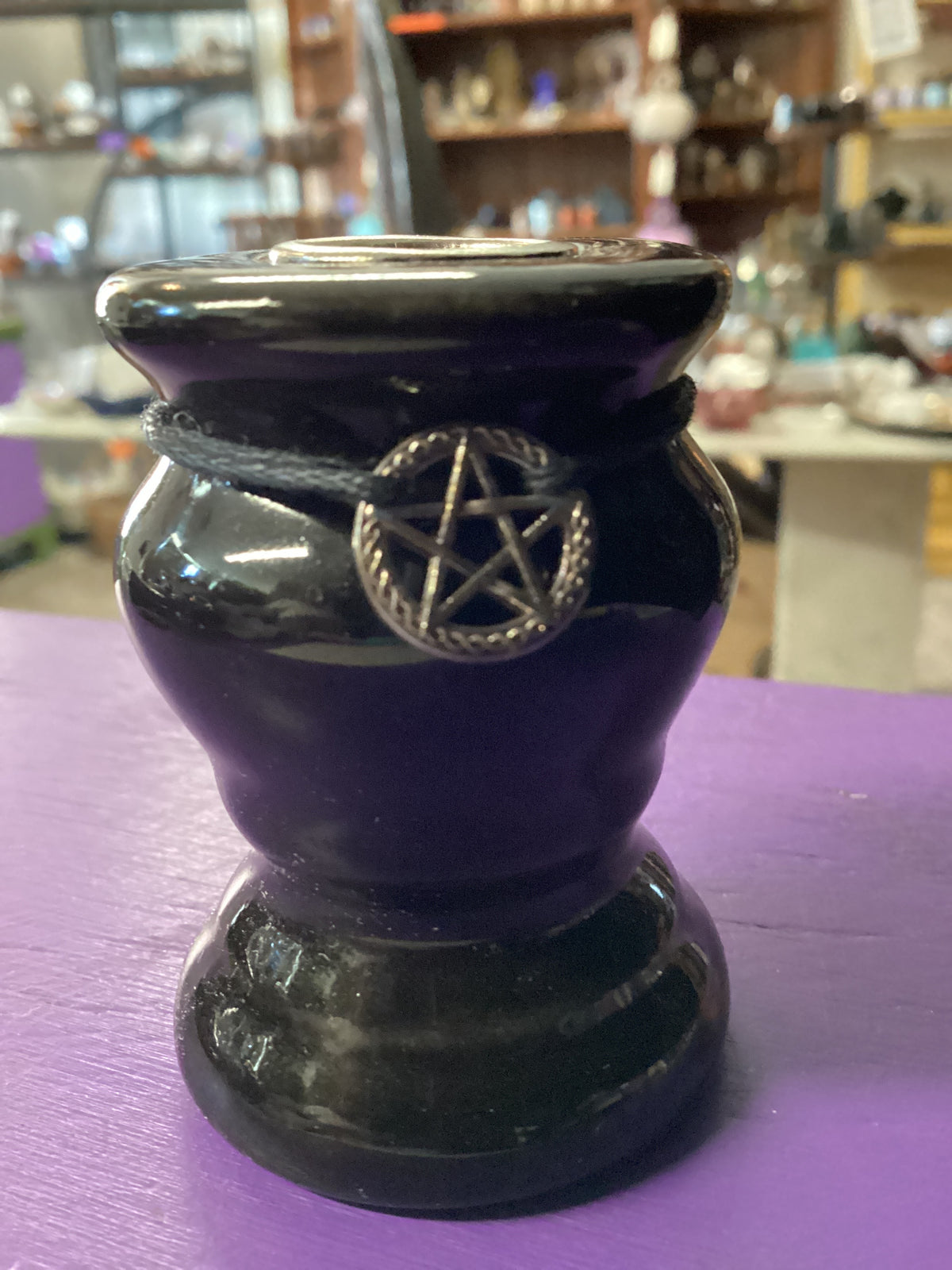 Black Ceramic Pentacle Chime Candle Holder 2.25"H X 1