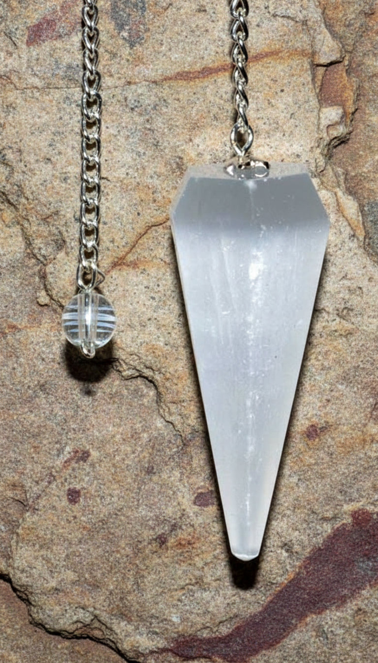 6-sided 7 Chakra Satin Spar (Selenite) pendulum