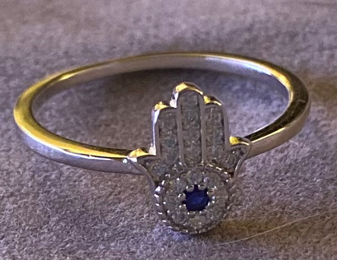 Sterling Silver Fatima Evil Eye Rhinestone Ring