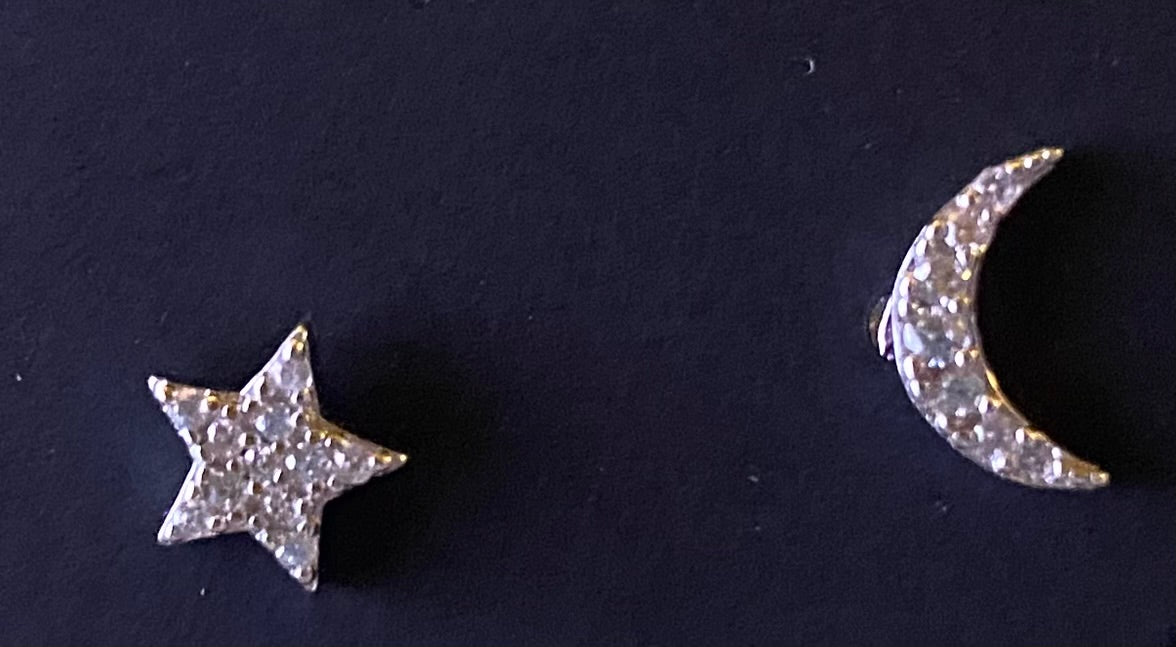 Sterling Silver Star and Moon Rhinestone Stud Earrings