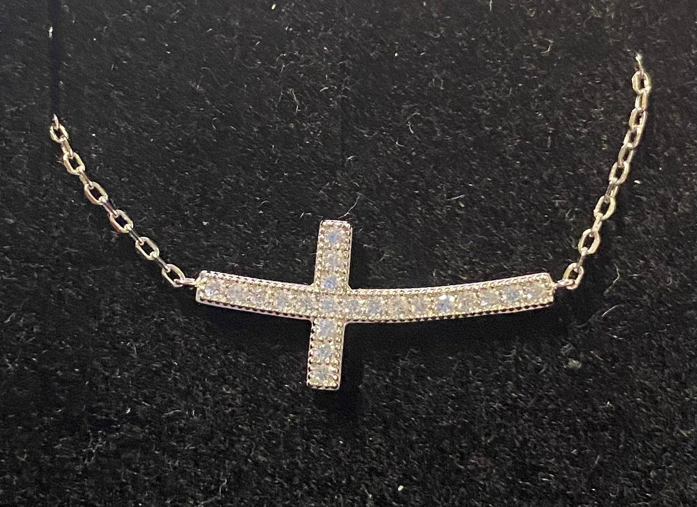 Sideways Cross Rhinestone Sterling Silver Necklace