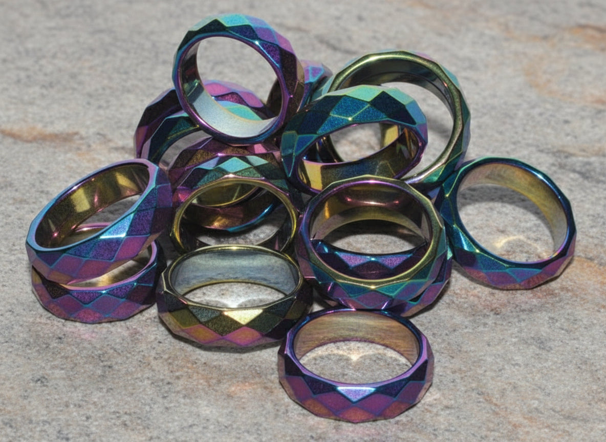 Rainbow Magnetic Hematite Faceted rings