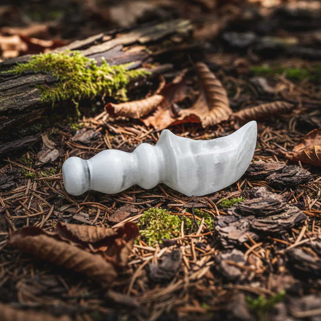 6" Satin Spar Selenite Crescent athame