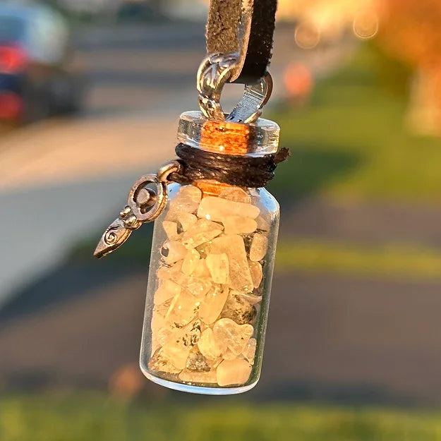Gemstone Chip Bottle Necklace Rainbow Moonstone with Spiral Goddess