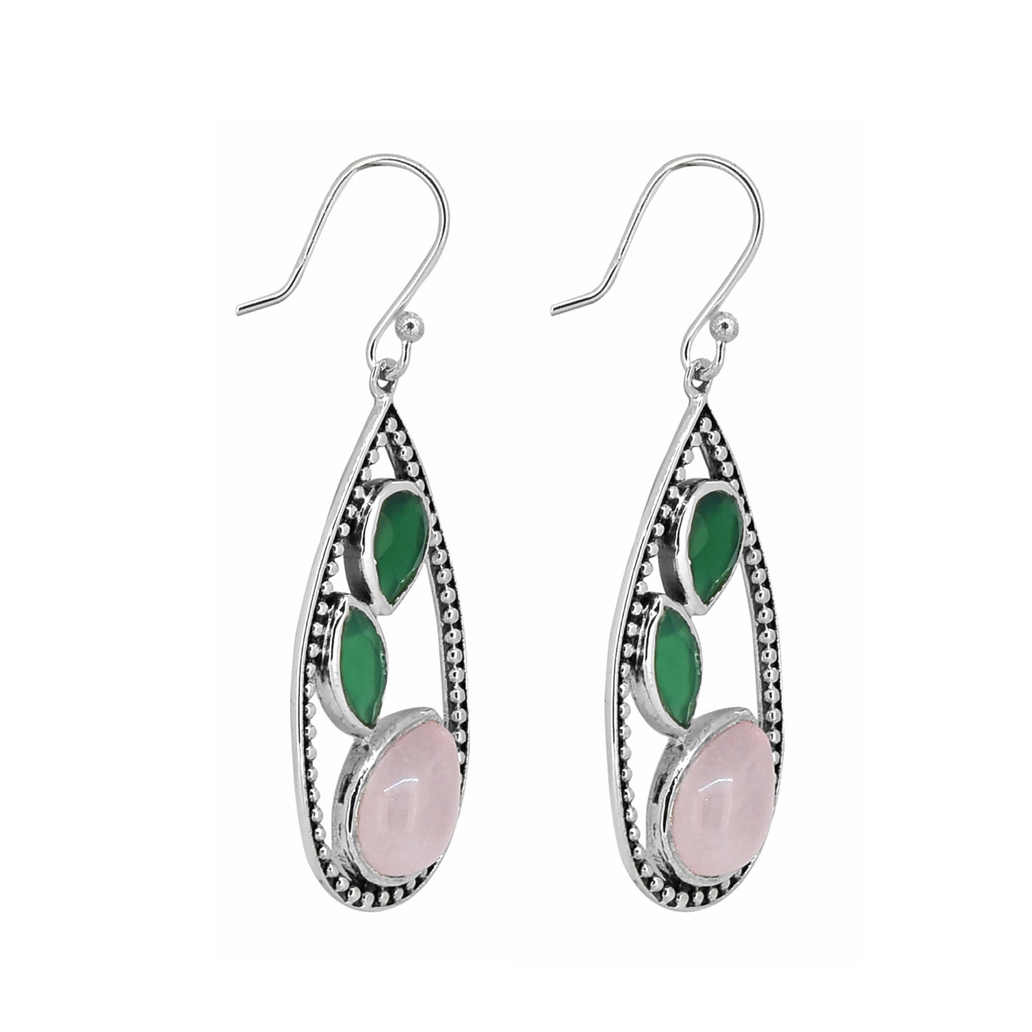 925 Sterling Silver Rose Quartz Green Onyx Gemstone  Earring
