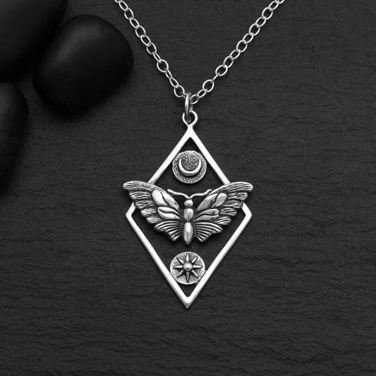 Sterling Silver or Bronze Geometric Moth Necklace