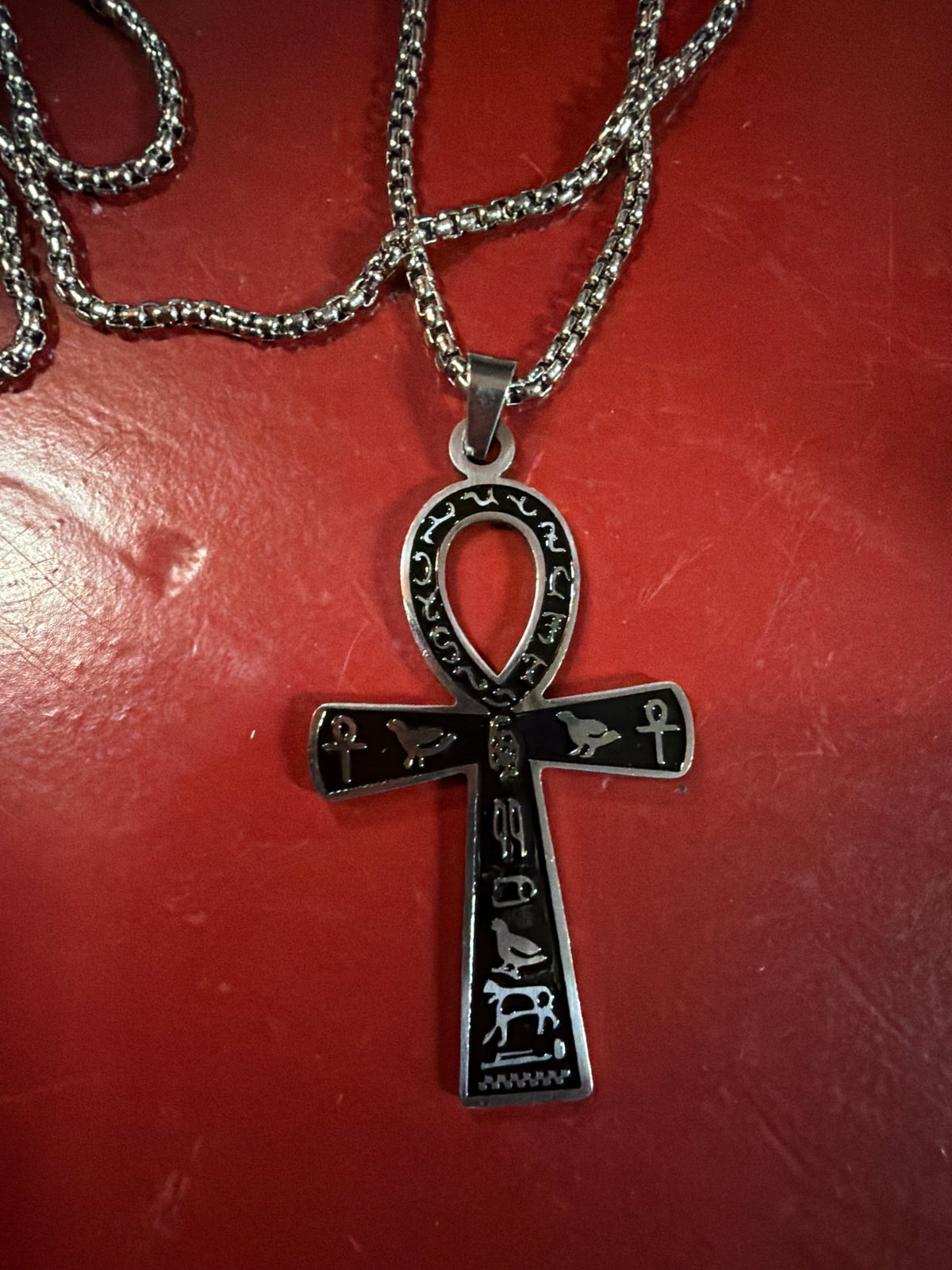 Ankh Necklace with Hieroglyphs Stainless Steel