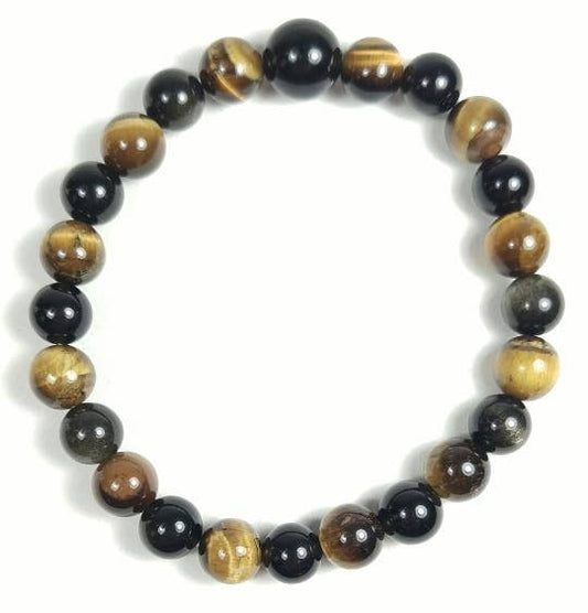 Tiger's Eye & Black Obsidian Beaded Bracelet Wrist Mala 8mm
