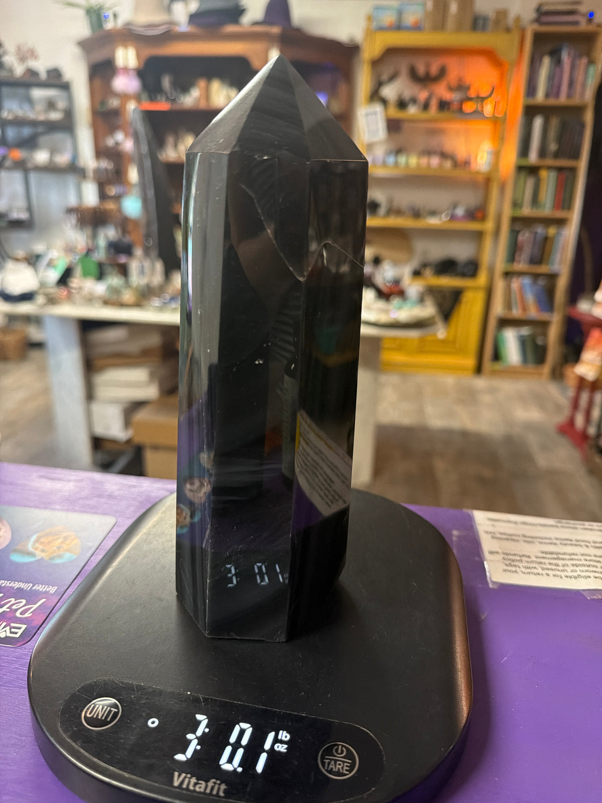 Large Black Obsidian w/silver stripes rainbow obelisk tower