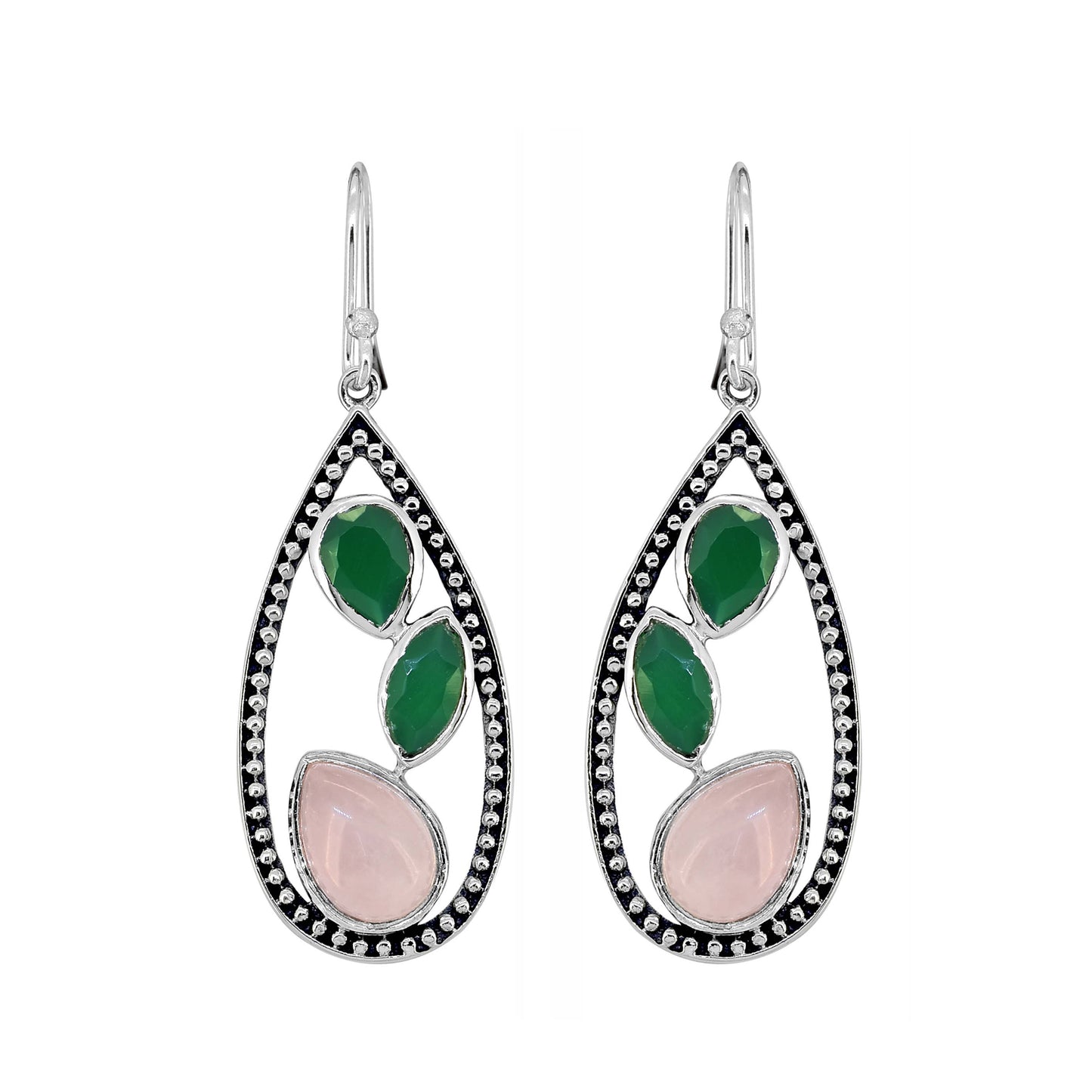 925 Sterling Silver Rose Quartz Green Onyx Gemstone  Earring