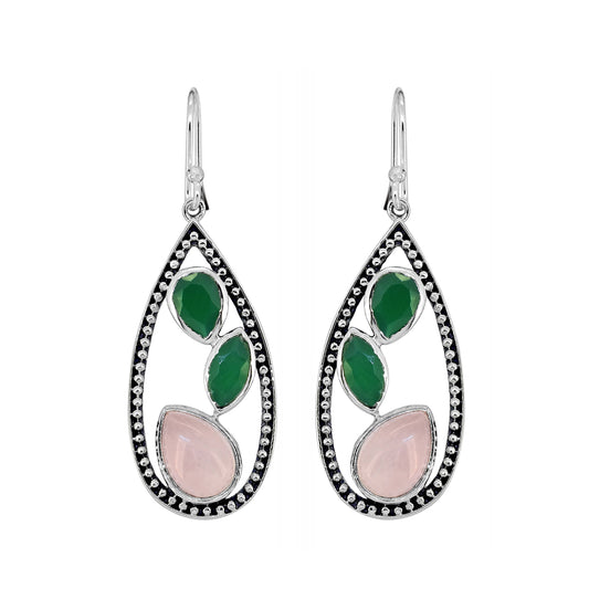 925 Sterling Silver Rose Quartz Green Onyx Gemstone  Earring