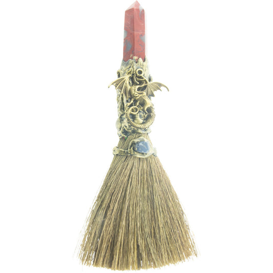 Gemstone Wicca Broom 8in - Red Jasper w/ Gold Dragon