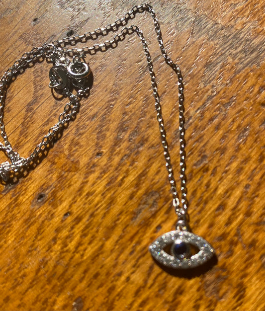Sterling Silver and Small Rhinestone Evil Eye Necklace