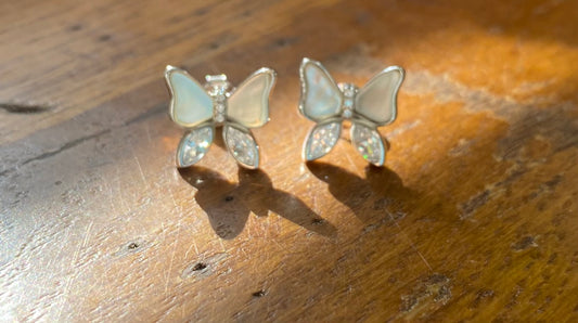 Sterling Silver Butterfly Rhinestone  & Shell Stud Earrings