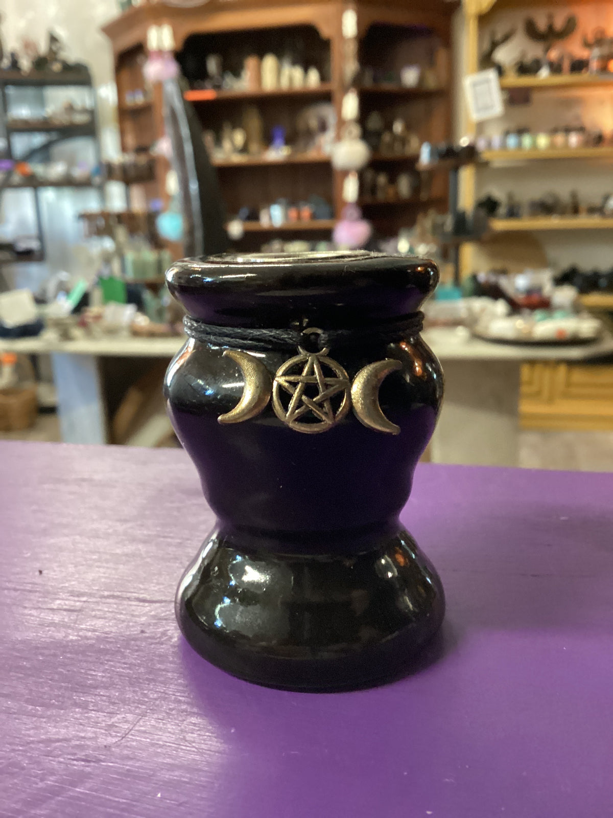 Black Ceramic Triple Moon Chime Candle Holder 2.25"H X 1