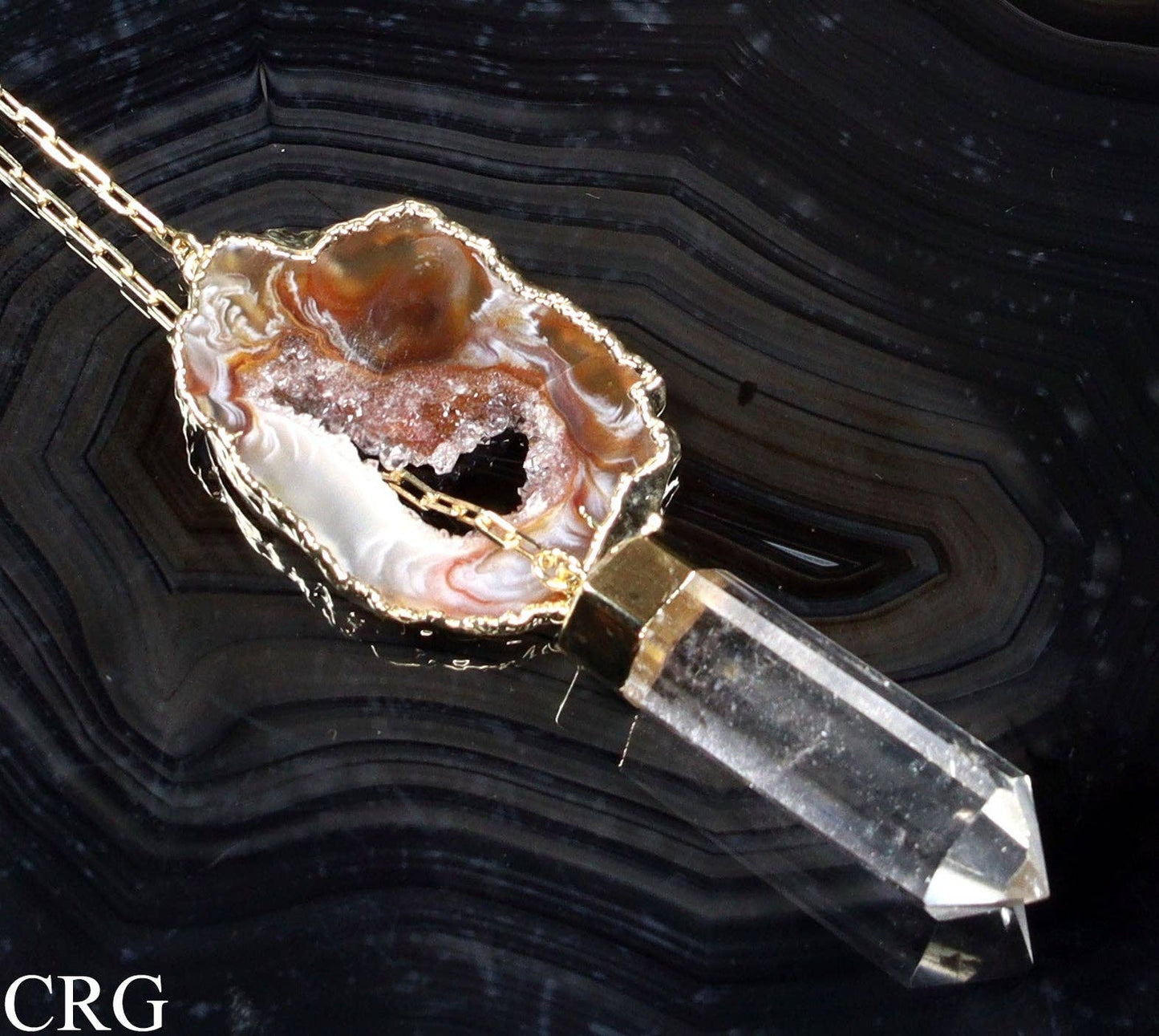 Oco Geode Pendant with Gold Plating and Quartz Point on Y-Chain Necklace / 2-3" AVG