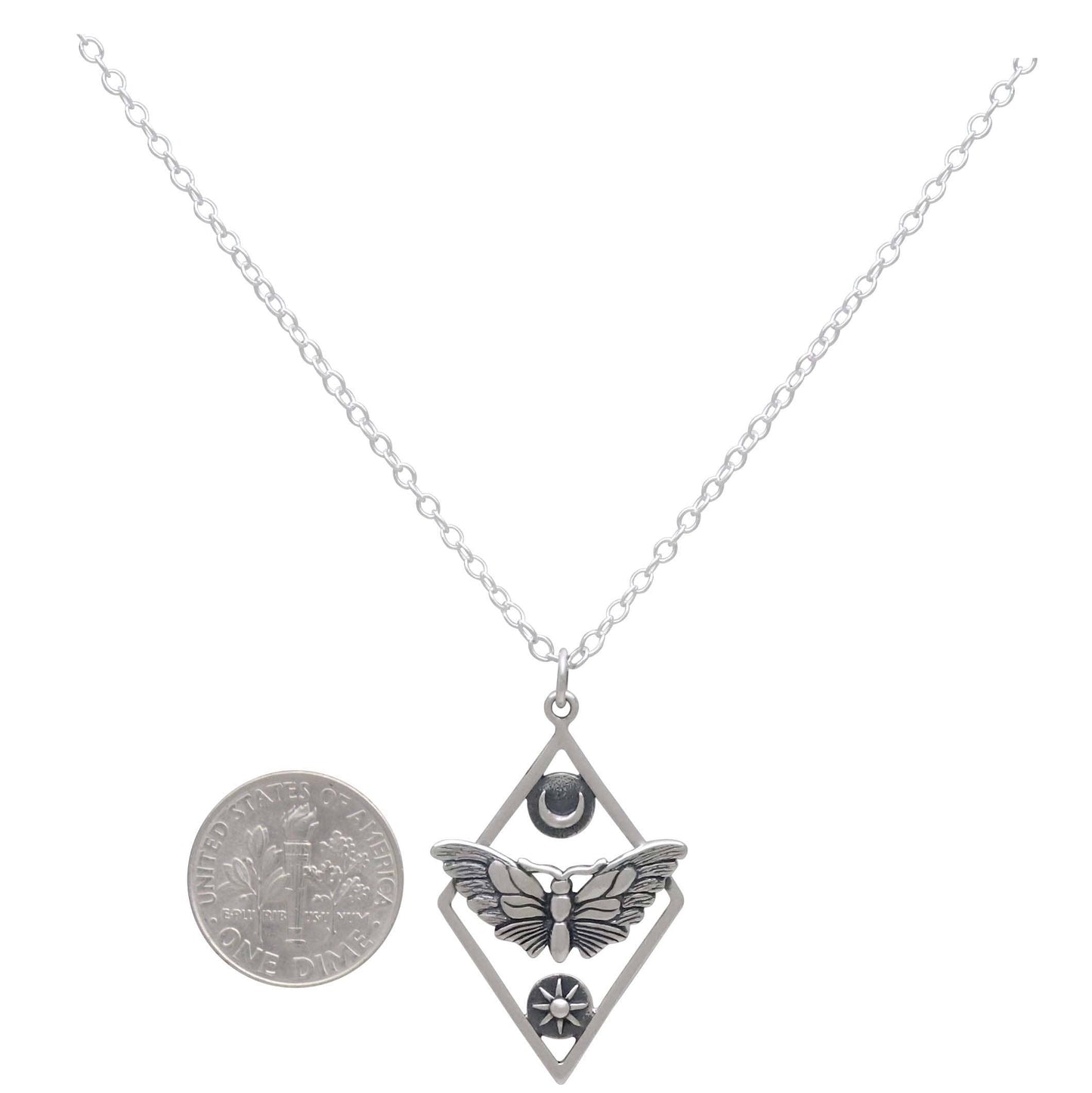 Sterling Silver or Bronze Geometric Moth Necklace