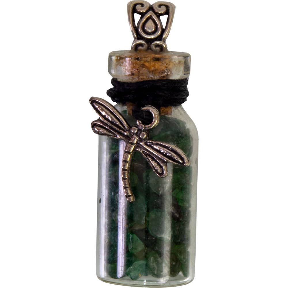 Gemstone Chip Bottle Necklace - Green Aventurine w/Dragonfly
