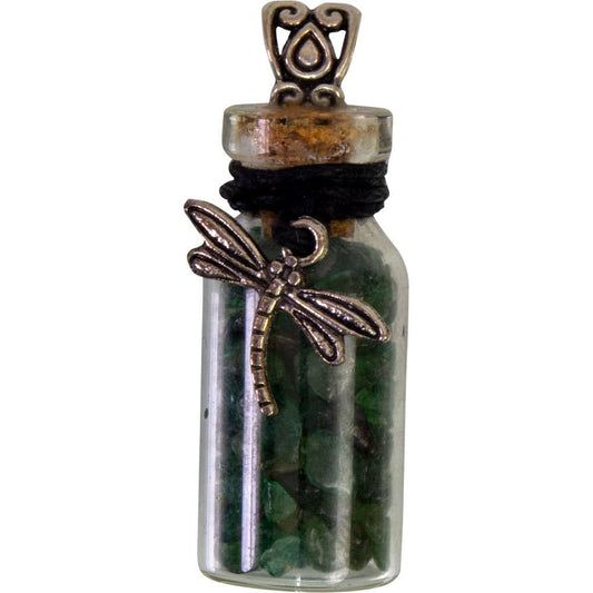 Gemstone Chip Bottle Necklace - Green Aventurine w/Dragonfly