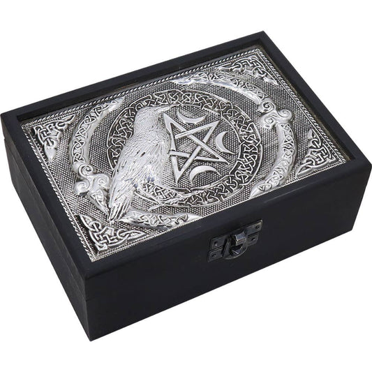 Velvet Lined Metal Top Wooden Box Raven w/ Pentacle