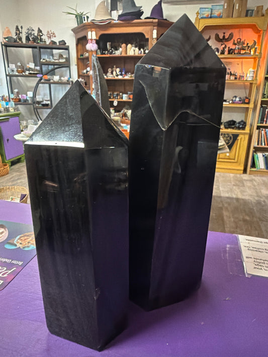 Large Black Obsidian w/silver stripes rainbow obelisk tower