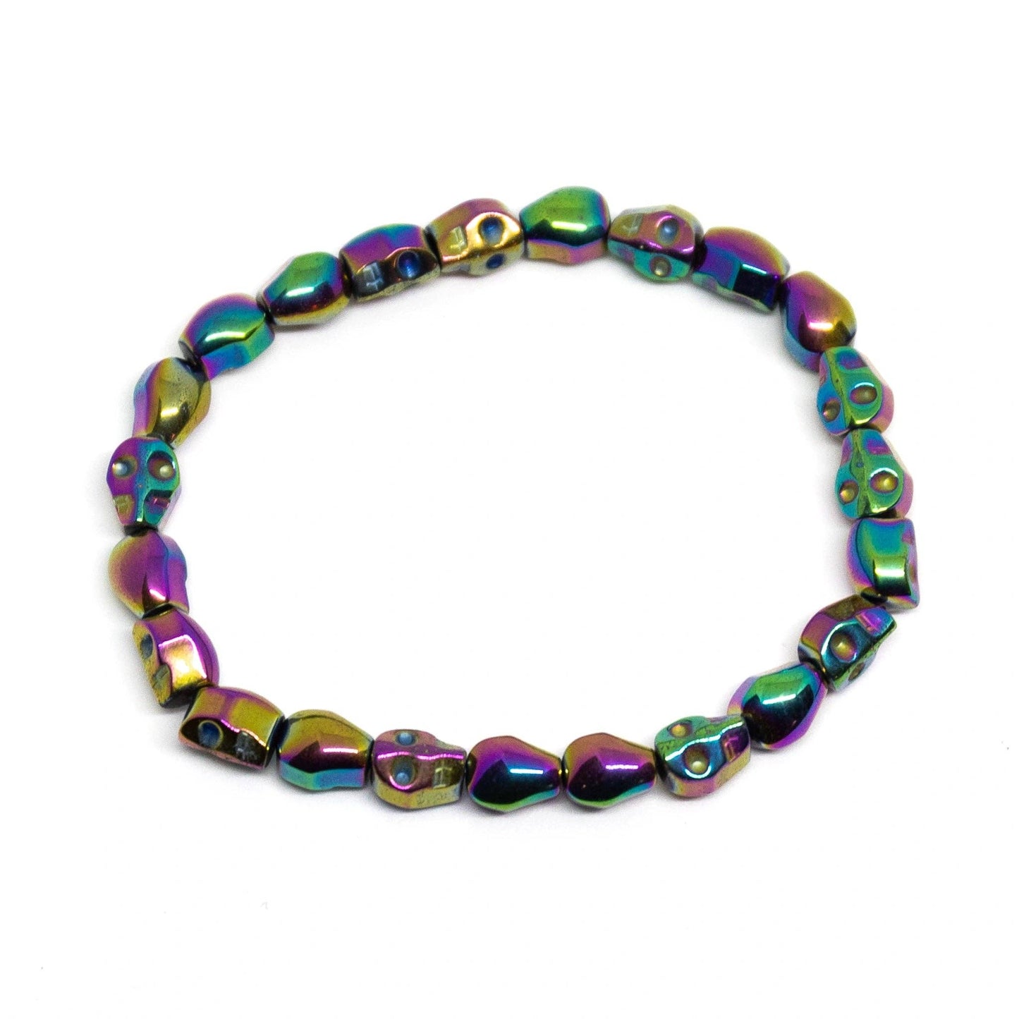 Skull Rainbow Hematite Beaded Bracelet - Wrist Mala - 6x8mm