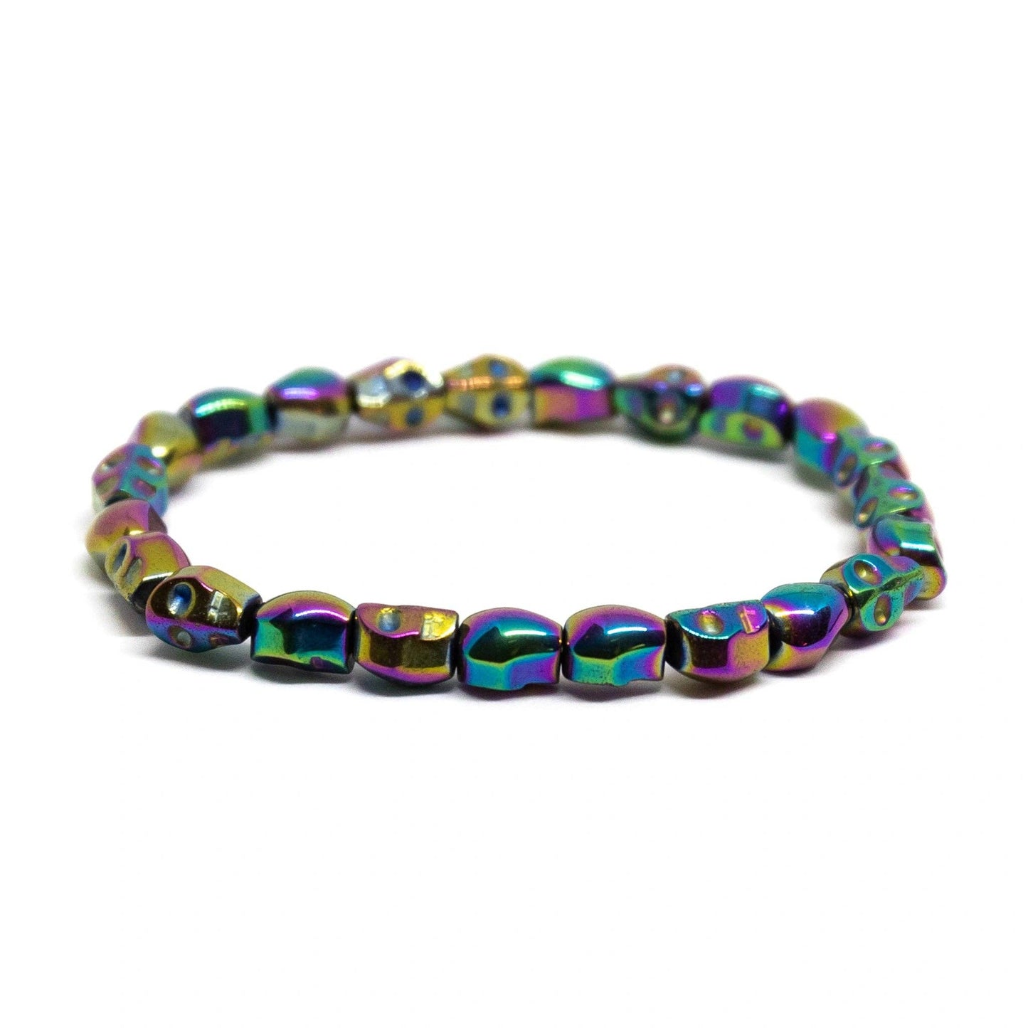 Skull Rainbow Hematite Beaded Bracelet - Wrist Mala - 6x8mm