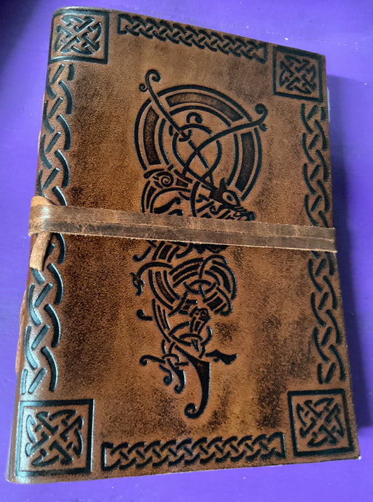 Celtic Norse Inspired Fantasy Art Dragon Etched Leather Journal with wrap closure