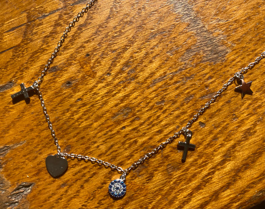 Sterling Silver and Rhinestone multi-charm Necklace