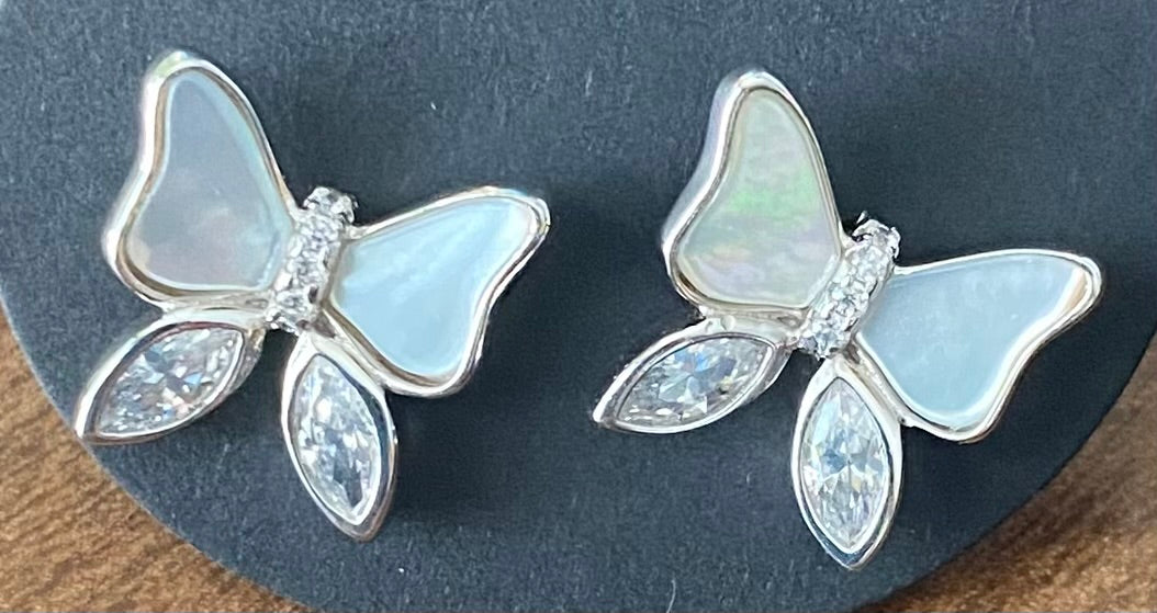 Sterling Silver Butterfly Rhinestone  & Shell Stud Earrings