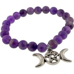 Elastic Bracelet 8mm Round Beads - Amethyst w/ Pentacle Triple Moon