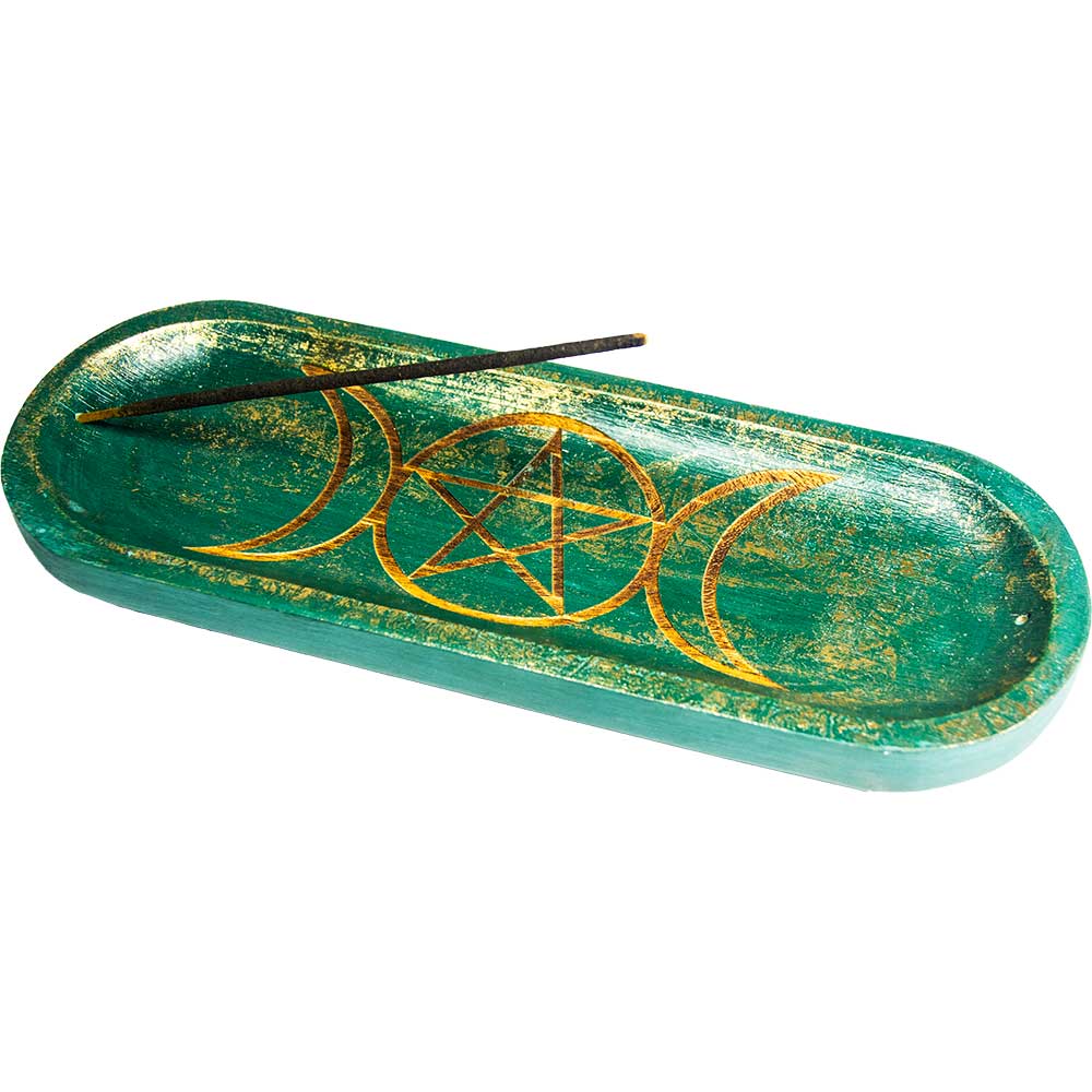 Mango Wood Incense Holder Engraved-Triple Moon Pentacle Grn