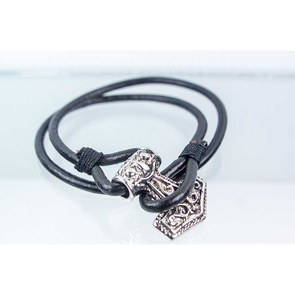 Leather Wrap Bracelet Black w/ Viking Hammer