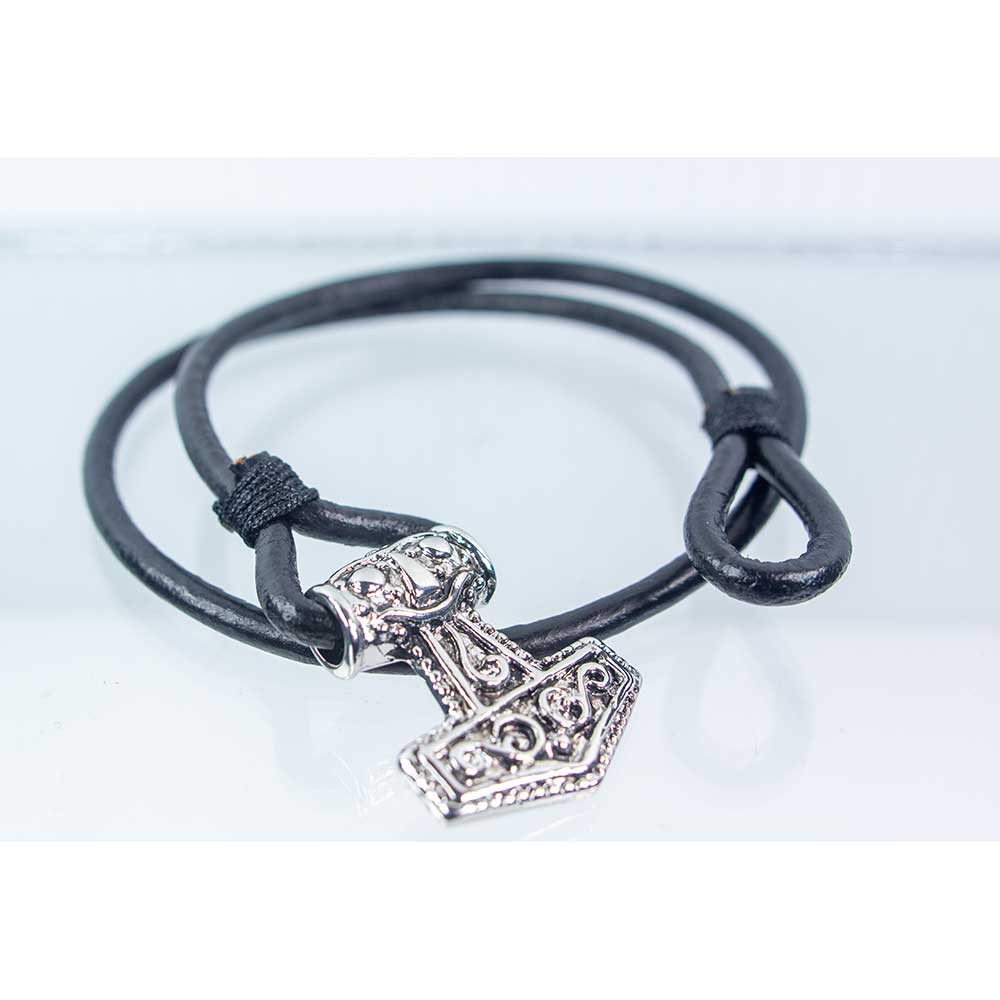Leather Wrap Bracelet Black w/ Viking Hammer