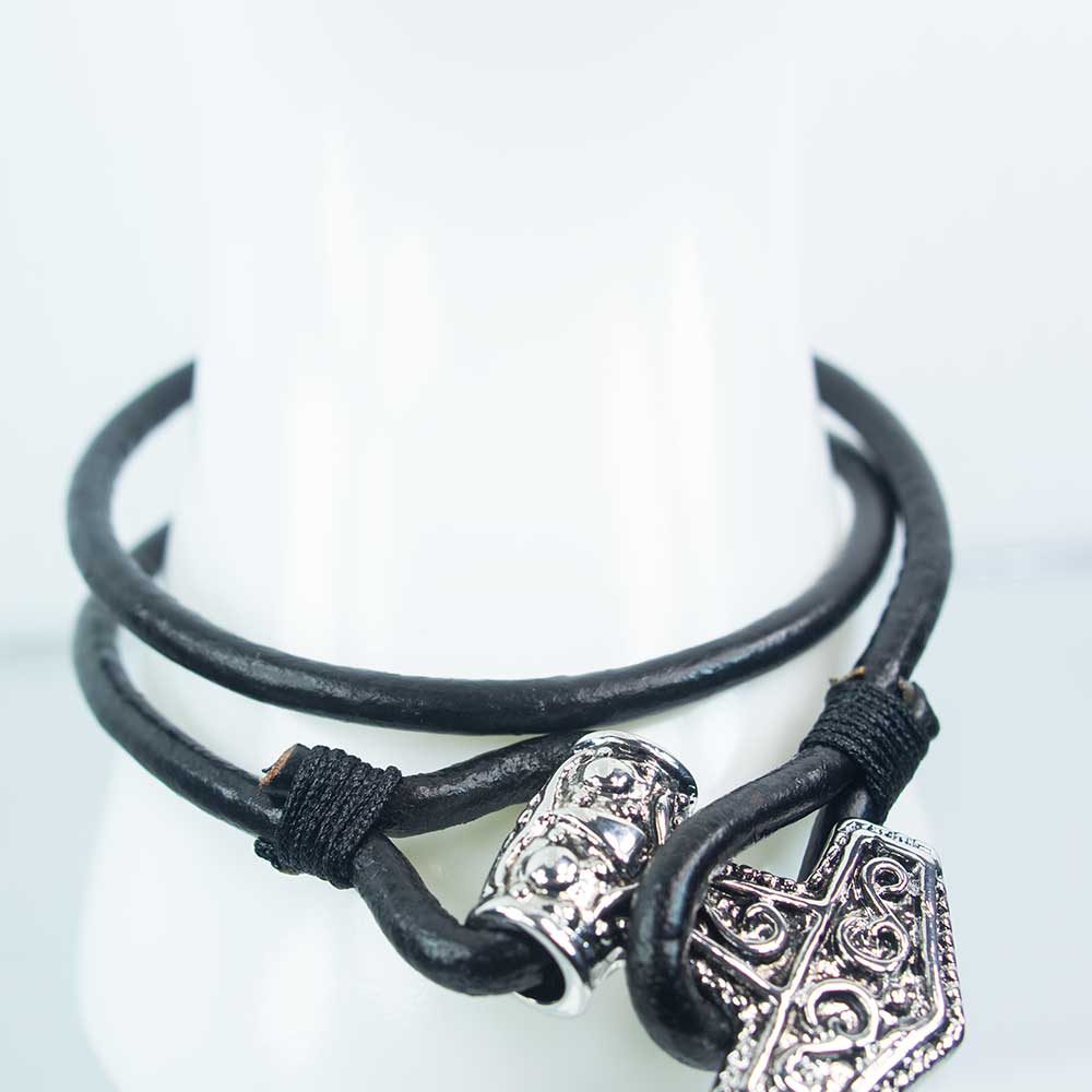 Leather Wrap Bracelet Black w/ Viking Hammer