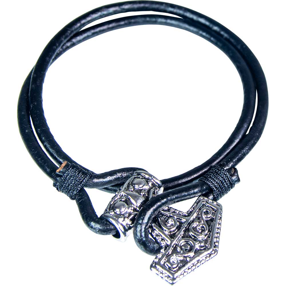 Leather Wrap Bracelet Black w/ Viking Hammer