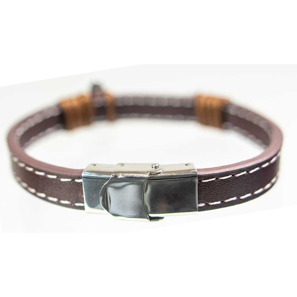 Leather Stainless Steel Clasp Bracelet Brown w/ Viking Axe