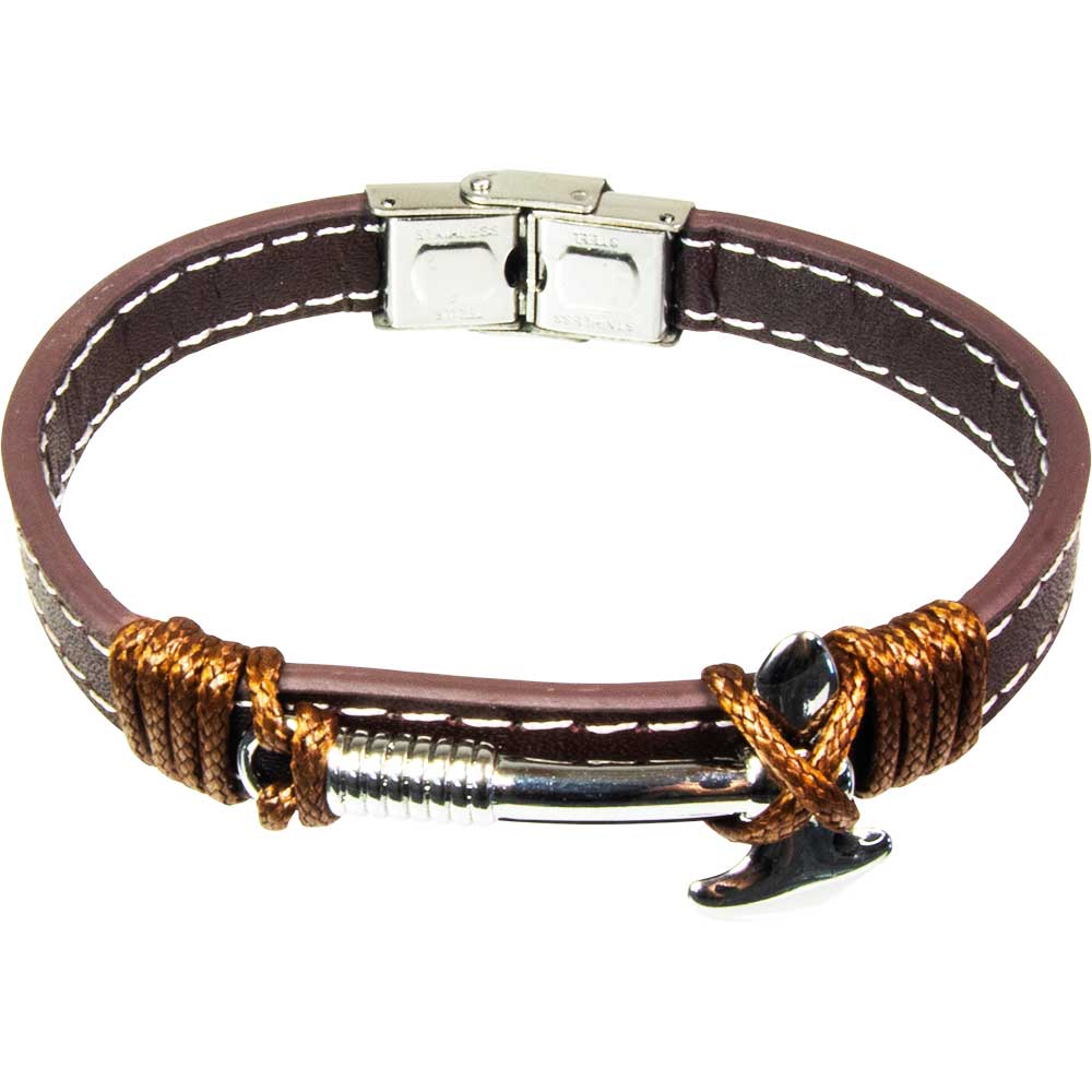 Leather Stainless Steel Clasp Bracelet Brown w/ Viking Axe