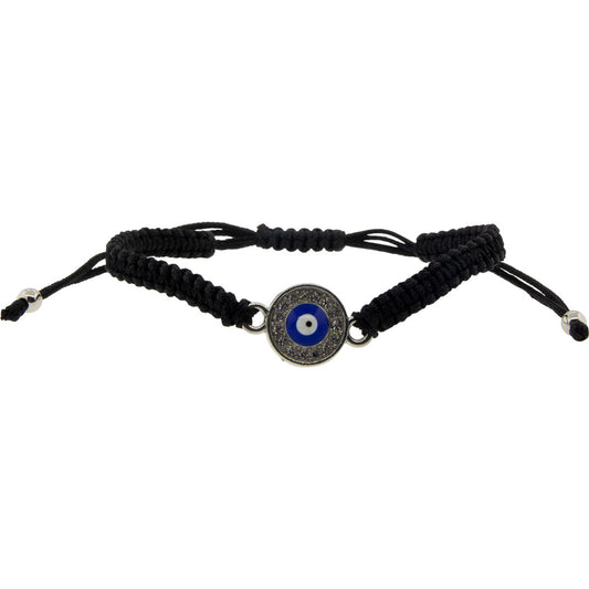 Adjustable Bracelet Black - Evil Eye w/ Gems Silver