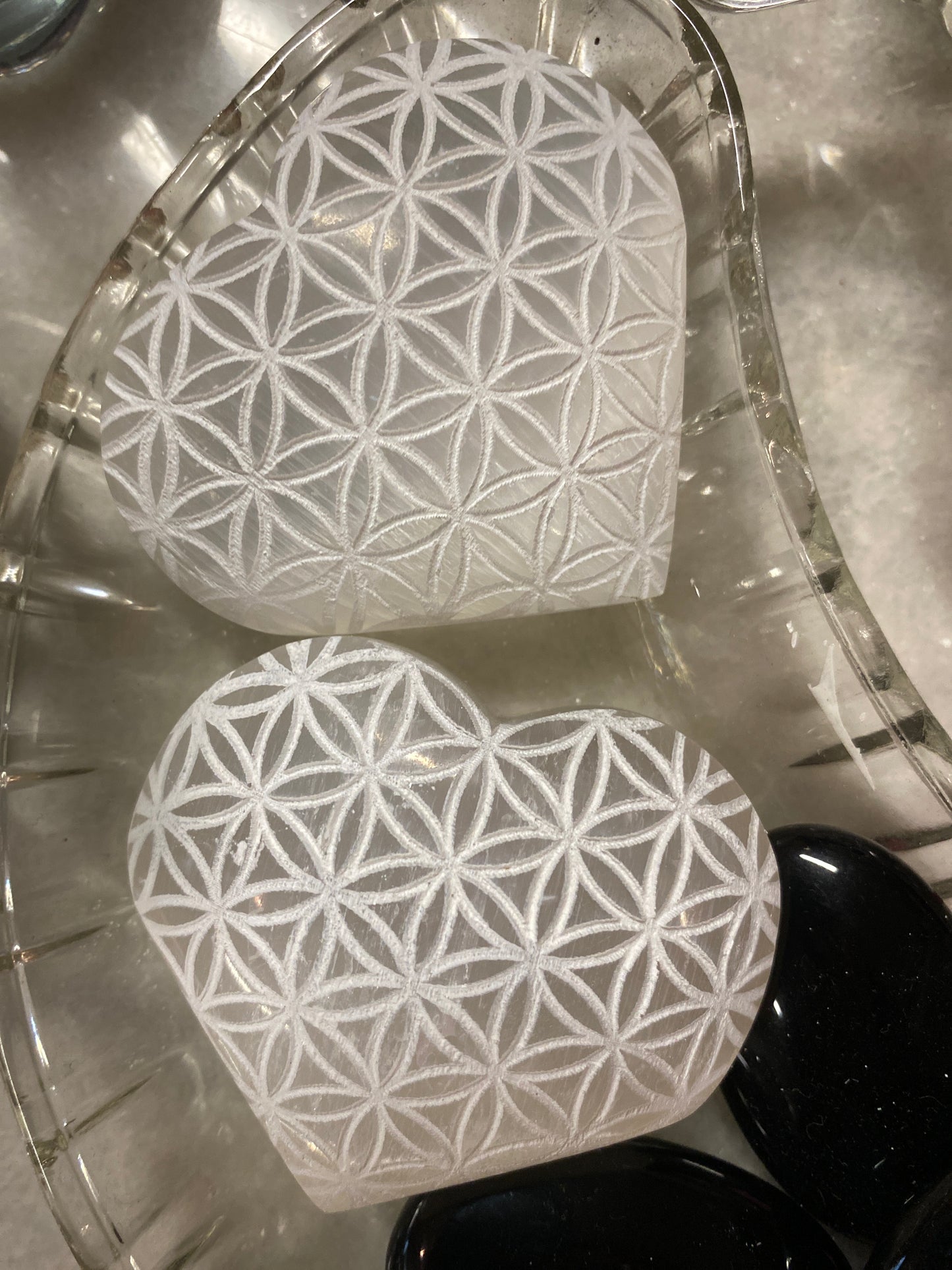 3" Satin Spar Selenite Heart Flower of Life