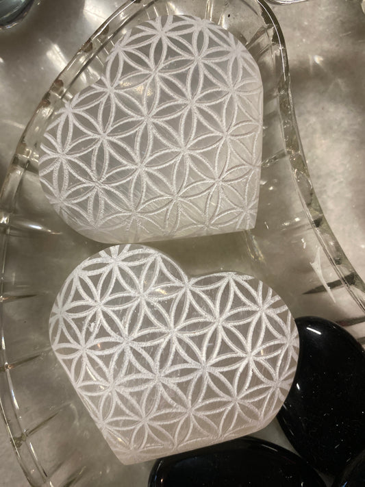 3" Satin Spar Selenite Heart Flower of Life