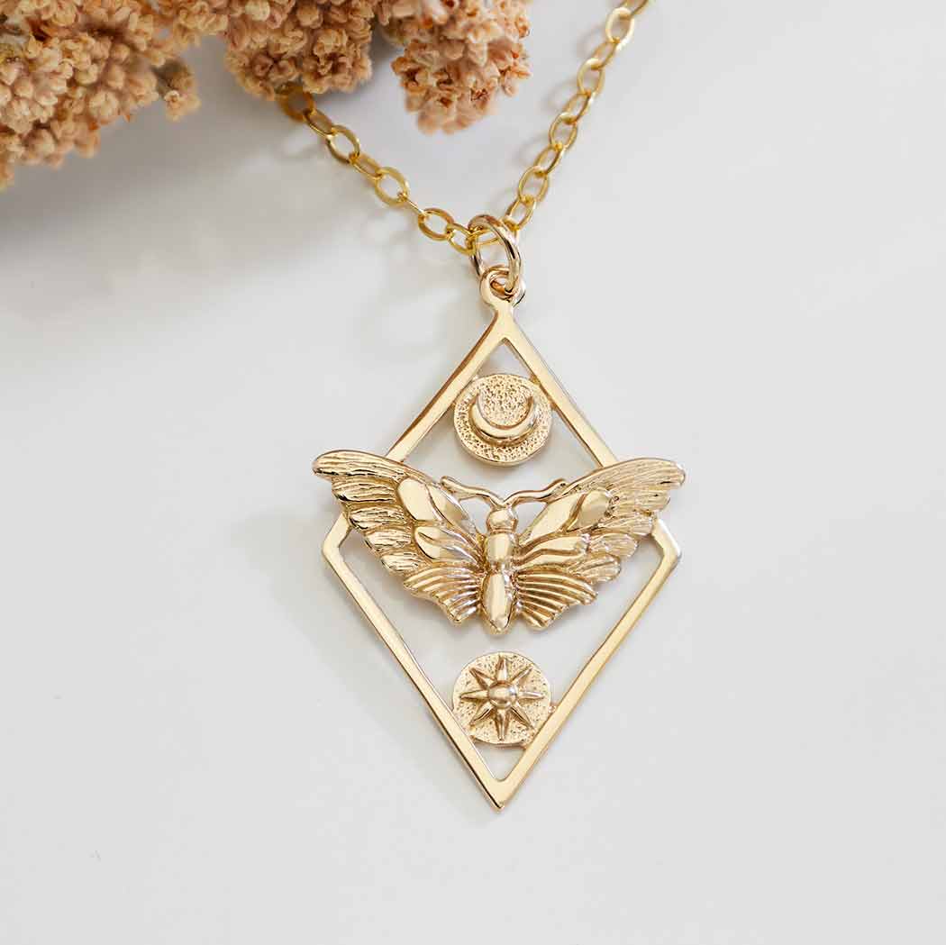 Sterling Silver or Bronze Geometric Moth Necklace